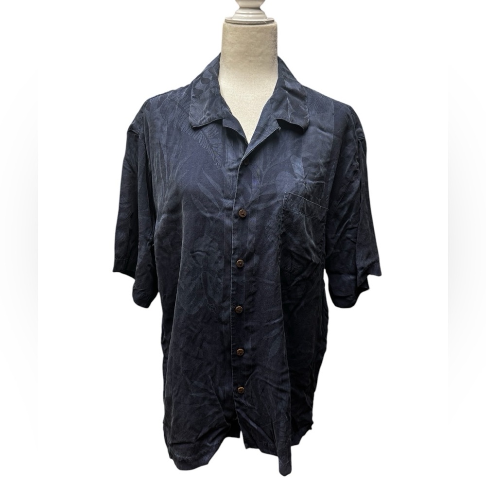 Tommy Bahama Mens Large Silk Button Down Shirt Short Sleeve palm print blue EUC